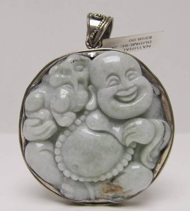 Genuine Carved Burmese Jade &amp Sterling Silver Buddha Pendant