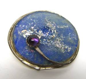 Beautiful Modernist Sterling Silver Ancient Roman Glass &amp Amethyst Brooch Pendant by Jackie Cohen