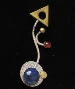 Excellent Sculptural Modernist Brooch wInset Lapis &amp Carnelian