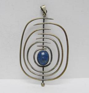 Fantastic Large Vintage Sterling Silver Sculptural Modernist Pendant wLapis