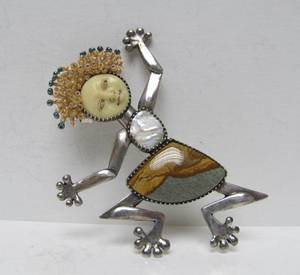 Large Whimsical Signed Sterling Silver Figural Brooch Pendant wJasper, Pearl etc by Debra Dembowski