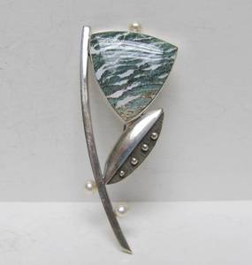 Sterling Silver &amp Green Zebra Jasper Flower Brooch wPearls&nbsp