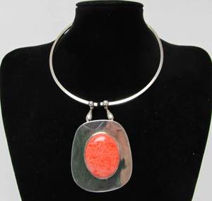 Fabulous Large Signed Sterling Silver &amp Spiny Oyster Pendant Necklace by Aaron Rubenstein