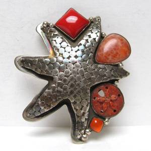 Large Signed AMY KAHN RUSSELL Sterling Silver Starfish Brooch Pendant wSeveral Types of Red Gemstones