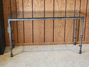 lot 7 image: Contemporary Brushed Metal Frame Glass Surface Console Table