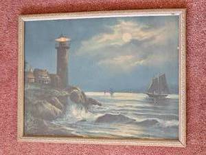 lot 119 image: Vintage Lighthouse Harbor Print