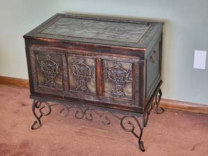 lot 107 image: Stylish Pressed Metal Decor Accent Chest
