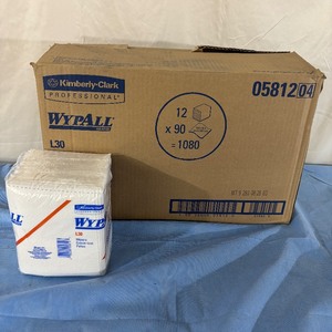 lot 46 image: MSRP $200  1 Case (12 packs, 90 wipes per pack) NEW Kimberly-Clark Professional 05812 L30 12.5 x 12 WypAll Heavy Duty Cleaning Towels Wipers - White number one brand of disposable wipes in the US and Canada I want these&nbsp
