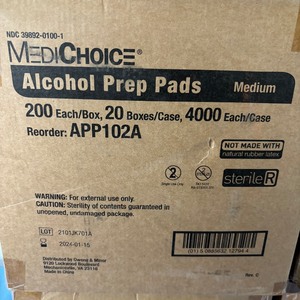 lot 20 image: WOW 6 Cases (4000 each per case) NEW MediChoice APP102A 1.19 x 2.63 2-Ply Sterile 70% Isopropyl Alcohol Saturated Prep Pads - Size Medium - Expiration 124