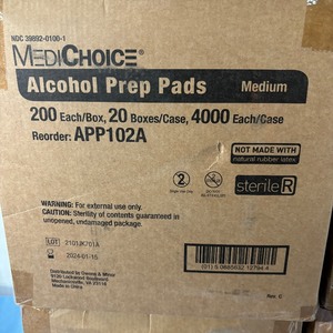lot 21 image: WOW 6 Cases (4000 each per case) NEW MediChoice APP102A 1.19 x 2.63 2-Ply Sterile 70% Isopropyl Alcohol Saturated Prep Pads - Size Medium - Expiration 124