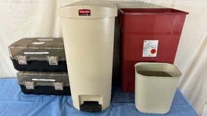 lot 22 image: MSRP $200 Rubbermaid Slim Jim 13-Gallon Step-On Flip Top Lid Garbage Waste Trash Bin Beige  2 Bait Tackle Tool Supply Boxes &amp Other Waste Bins