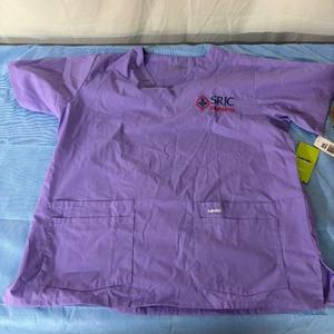 lot 79 image: Lot of 22 NEW Landau V-Neck Two Pocket Nursing Healthcare Uniform Top Scrubs - Size Large Purple - With Tags Has Logo SRJC Nursing