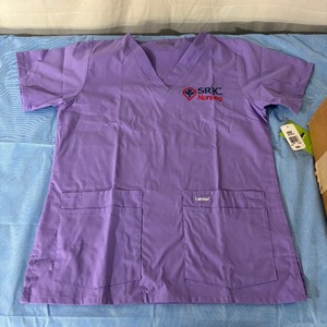 lot 80 image: Lot of 22 NEW Landau V-Neck Two Pocket Nursing Healthcare Uniform Top Scrubs - Size Small Purple - With Tags Has Logo SRJC Nursing