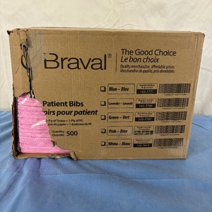 lot 32 image: 1 Case (500 each) NEW Braval 143-7805 2-Ply Tissue 1-Ply Poly-Backed Single-Use Patient BibsLiners -&nbspDisposable for Eyelash Extension, Patient BibsTray Liners for Nail Art, Dental Napkins for Piercings - Pink (dented box)