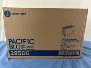 lot 90 image: 1 Case (24 packs) Georgia-Pacific GP Pro 29506 13 x 10 Pacific Blue Select 14-Fold Disposable Airlaid Patient Care Hand Towel - These&nbspdeliver exceptional capacity for tackling spills or for patient care as disposable washcloths&nbsp(dented box)