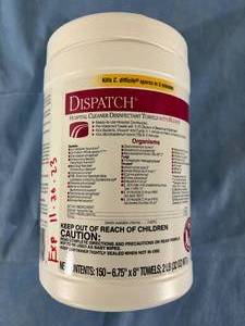 lot 133 image: Lot of 19 Containers (150 wipes each container) NEW Dispatch&nbsp 6.75 x 8 Hospital Cleaner Disinfectant Towels with Bleach - Expiration 1123