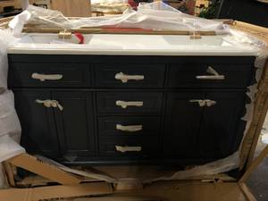 Home Decorators Collection Melpark 60 in. W x 22 in. D x 34 in. H Double Sink Bath Vanity in Grayish Blue with White Engineered Marble Top Customer Returns See Pictures