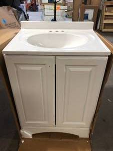 Glacier Bay 25 in. W x 19 in. D x 35 in. H Single Sink Freestanding Bath Vanity in White with White Cultured Marble Top    Customer Returns See Pictures