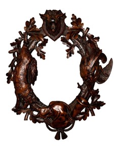lot 46 image: Stunning Oval Game Mirror Elk Hound Fox Grouse 29x20x8