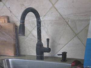 lot 169 image: (EW5) Moen Noell Mediterranean Bronze Pulldown Kitchen Faucet Including Soap Dispenser - Open Box