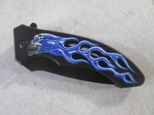 lot 222 image: (CNTR) SkullBlue Flames Design Spring Assist Folding Knife with Belt Clip - 8 Open  4 34 Closed - New In Box