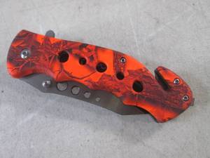 lot 223 image: (CNTR) Orange Camo Design Spring Assist Folding Knife with Belt Clip - 8 Open  4 34 Closed - New In Box