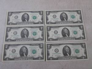 lot 236 image: (CNTR) 6 - $2 Dollar Bills - Serial Numbers In Order - Uncirculated - 2017 A