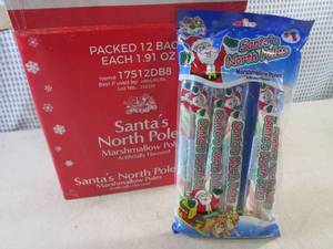 lot 293 image: (C-1) Case of 12 Packs of Santas North Poles Marshmallow Poles