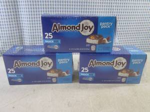 lot 313 image: (B-2) 75 Snack Size Almond Joy Candy Bars 3 Pantry Pack Boxes of 25 Each Best by Jan 2024