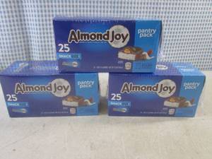lot 314 image: (B-2) 75 Snack Size Almond Joy Candy Bars 3 Pantry Pack Boxes of 25 Each Best by Jan 2024