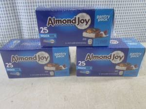 lot 315 image: (B-2) 75 Snack Size Almond Joy Candy Bars 3 Pantry Pack Boxes of 25 Each Best by Jan 2024