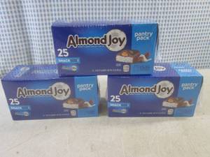 lot 316 image: (B-2) 75 Snack Size Almond Joy Candy Bars 3 Pantry Pack Boxes of 25 Each Best by Jan 2024