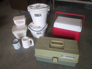 lot 410 image: (EW4) Coleman Cooler, Plano Tackle Box, Assorted Foam Bait Buckets and Foam Can Coolers
