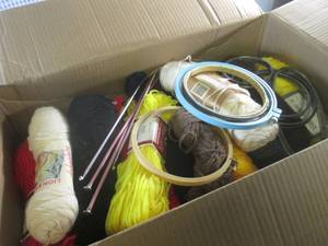 lot 20 image: (EW2) Big Box Full of Assorted Yarn Including Some Hoops and Needles