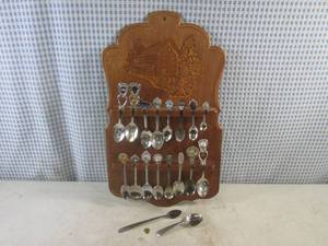 lot 24 image: (CS) Wood Wall Collector Spoon Display with Spoons