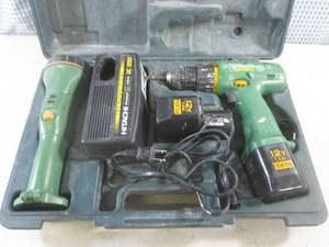 lot 131 image: (D-2) Hitachi 12V Driver Drill and Flashlight with 2 Batteries and Charger In Case - Charged Both Batteries For A Couple Minutes and Both Powered Both Tools For What Its Worth