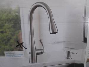 lot 150 image: (EW4) Moen Essie MotionSence Wave Hands-Free Pulldown Kitchen Faucet Includes Soap Dispenser 87014EWSRS - Open Box