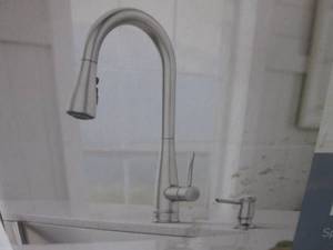 lot 157 image: (EW3) Moen Birchfield Pulldown Kitchen Faucet Spot Resist Stainless Includes Soap Dispenser 87205SRS - Open Box
