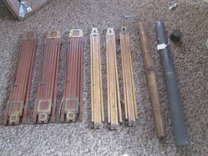 lot 13 image: (K) 7 VintageAntique Tripods - 3 Folmer & Schwing Crown No.3 - 3 Other Wood Tripods and a Bamboo Hand Made Tripod in Metal Case - See Photos