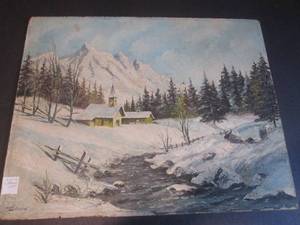 lot 23 image: (DLR) Vintage Painting On Hardboard 19 34 x 15 12 - See Photos for Signature and Price Tag for What Its Worth 