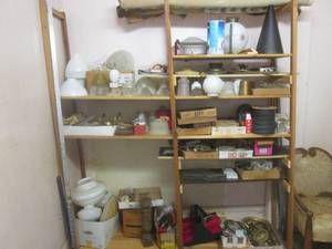 lot 31 image: (LBDR) Large Assortment of Vintage Lighting Components, Accessories, Glass Globes and Other Misc. Every Thing On Shelf - Can Also Take Shelf If Wanted