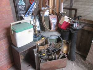 lot 101 image: (P) Large Lot of Misc - Tarps, Coolers, Propane Tank, Vintage Lighting and Parts and Other Misc