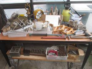 lot 103 image: (GH) Large Lot of Misc Everything On Table and Bench - Table and Bench Not Included