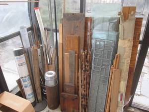 lot 104 image: (GH) Lot of Misc Threaded Rod, Tempered Glass Shelves, Assorted Wood, Roll of Screen, Roll Weed Block Material and More
