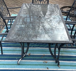 lot 104 image: Metal Patio Table with Glass Top 6 Chairs  Patio Table and Chairs Set