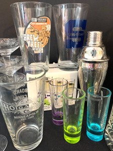 lot 83 image: NEW Pier One Imports Colorful Shot Glasses, Brewery Beer Glasses, Glass Bottle Stopper and More