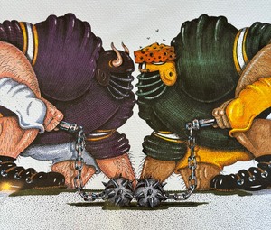 lot 334 image: Minnesota Vikings and Wisconsin Green Bay Packers Unframed Print by Art Carr