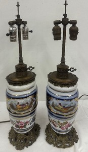 Antique Pair of Baydeux Porcelain Bronze Table Lamps