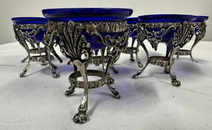 Lot of 8 800 Silver Salt Cellars with Cobalt Inserts
