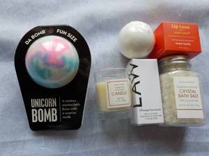 lot 49 image: Bath Bombs, Bath Salt, Lip Love, and candle